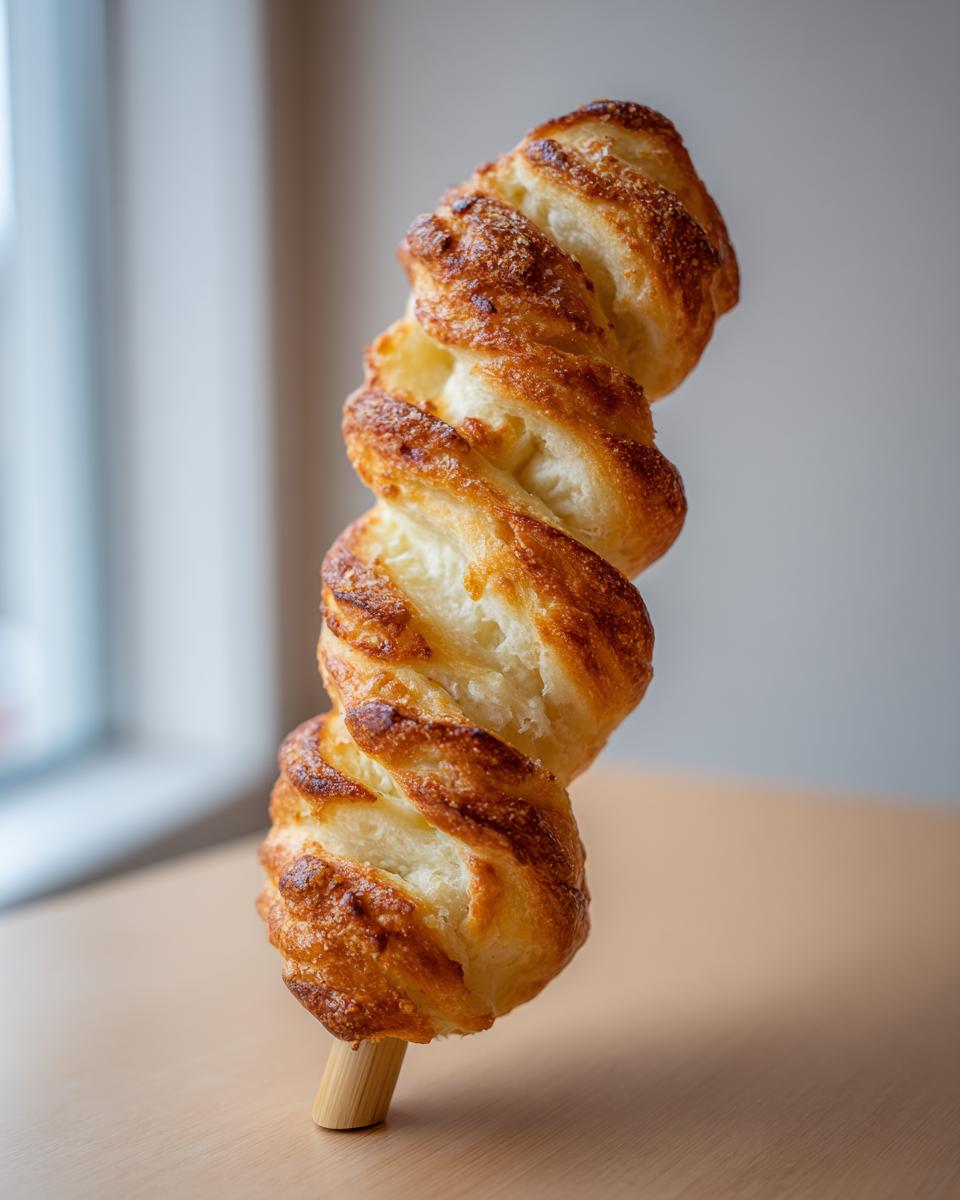Ein goldbraun gebackenes Stockbrot, spiralförmig gedreht und auf einem Holzspieß stehend.