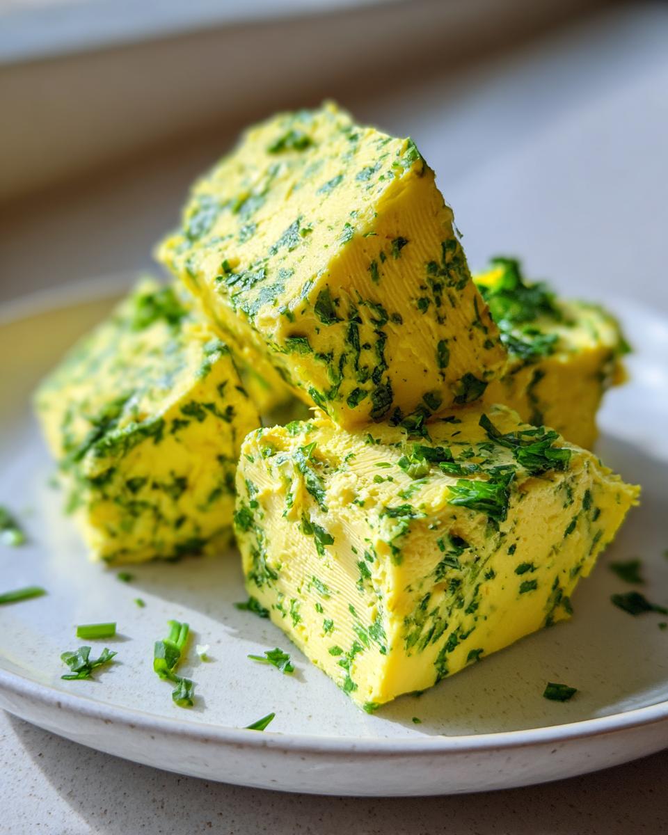 Mehrere goldgelbe Würfel hausgemachter Kräuterbutter, reich an grünen Kräutern, auf einem hellen Teller.