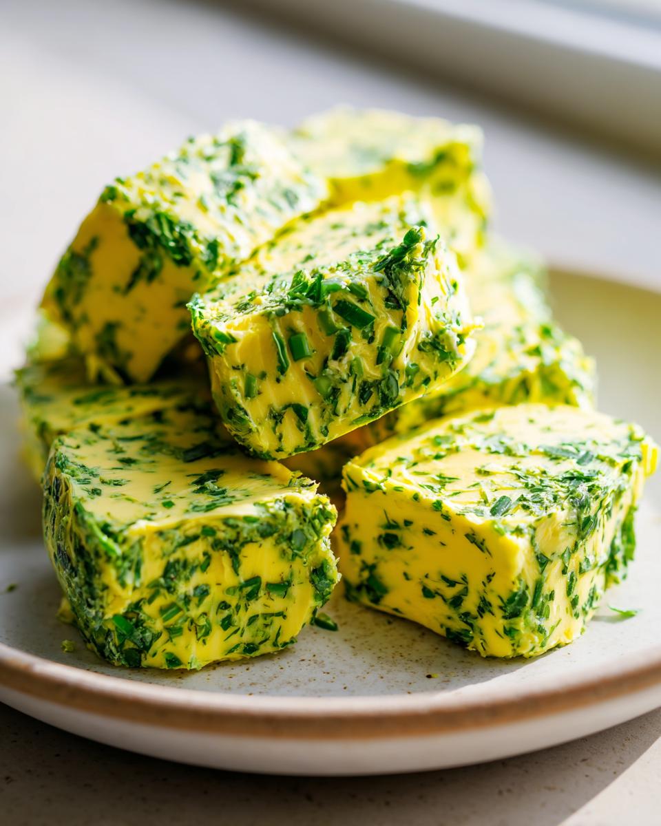 Mehrere quaderförmige Stücke selbstgemachter Kräuterbutter, reich an grünen Kräutern, auf einem hellen Teller.