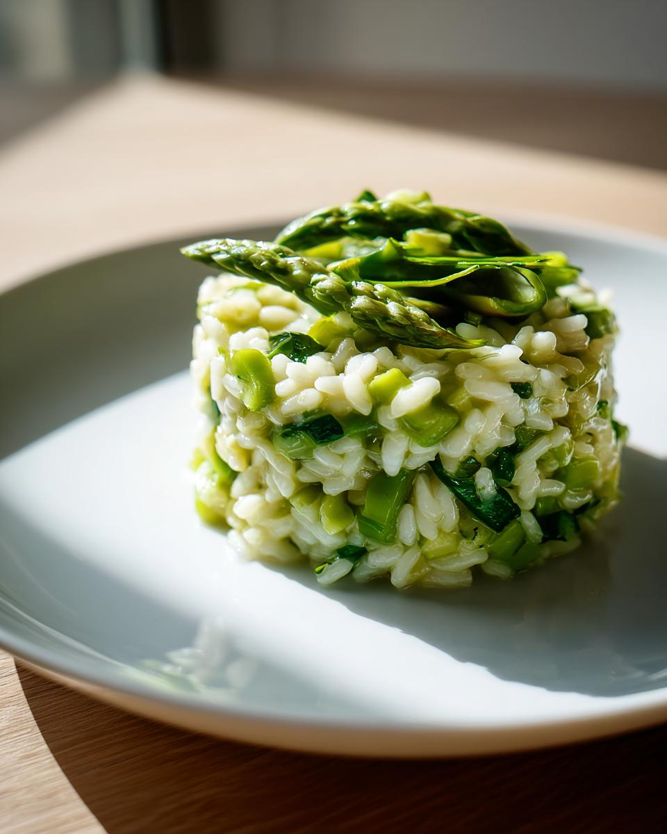 Ein perfekt geformter Turm aus cremigem Spargel-Risotto, garniert mit frischen grünen Spargelspitzen.