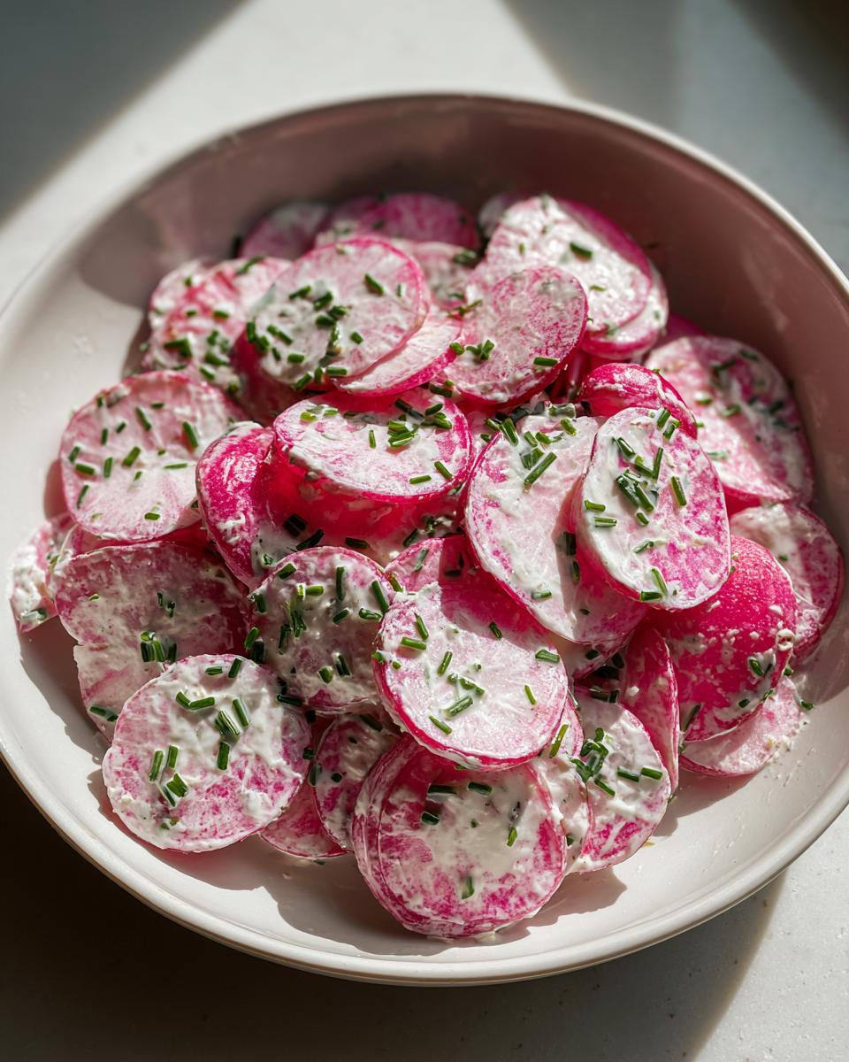 Nahaufnahme von geschnittenem Radieschensalat mit cremiger Soße und Schnittlauch in einer weißen Schüssel.