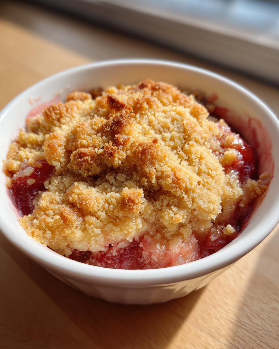 Nahaufnahme eines frisch gebackenen Rhabarber Crumble mit knuspriger Streuseldecke in einer weißen Portionsschale.