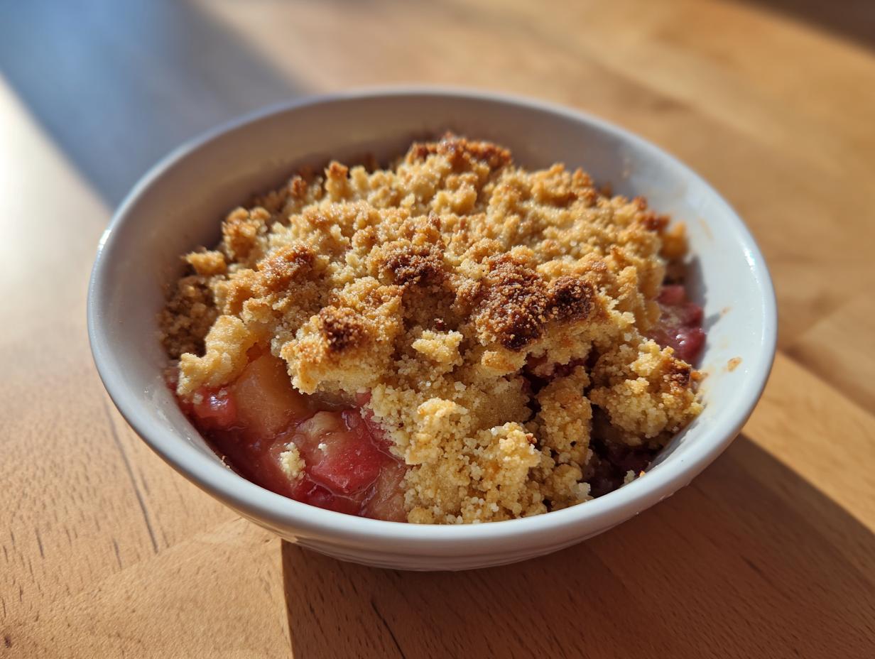 Nahaufnahme eines frisch gebackenen Rhabarber Crumble mit knuspriger Streuseldecke in einer weißen Schale.