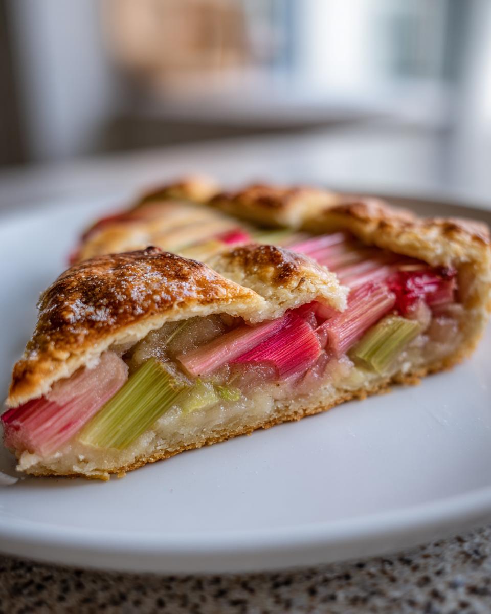 Nahaufnahme eines Stücks Rhabarber Galette mit rosa und grünen Rhabarberstücken auf einem weißen Teller.