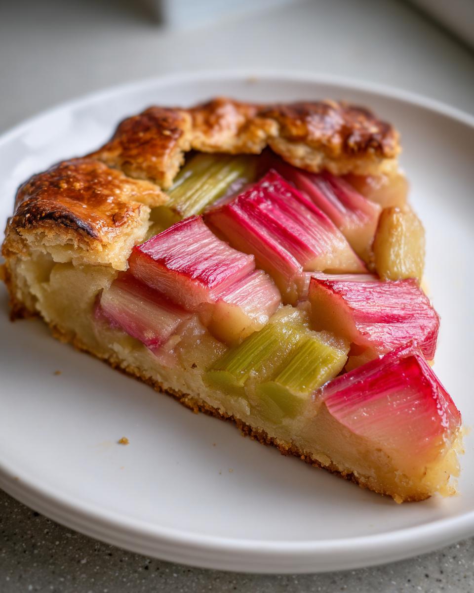 Nahaufnahme eines Stücks Rhabarber Galette mit leuchtend roten und grünen Rhabarberstücken auf einem weißen Teller.