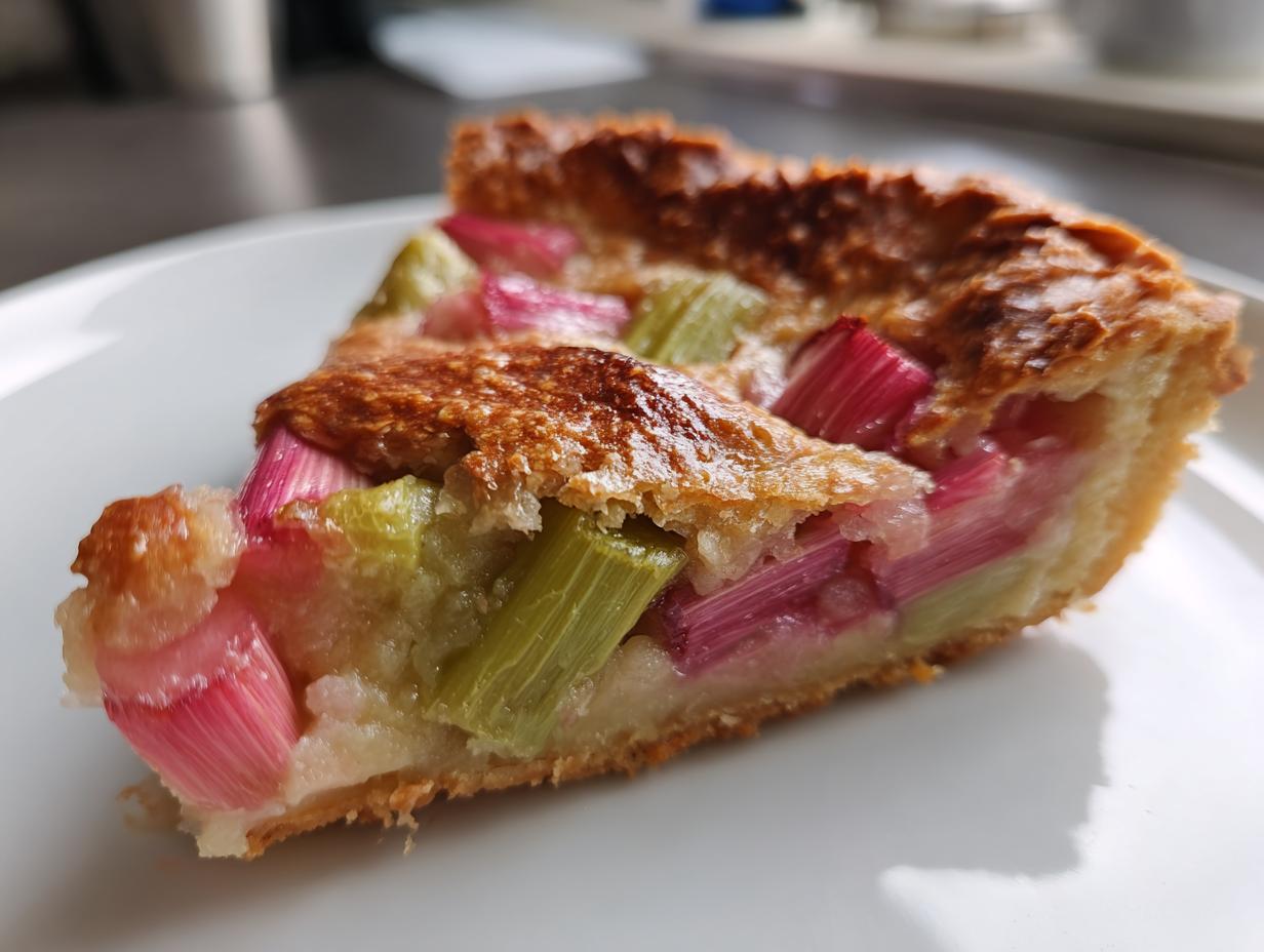 Nahaufnahme eines Stücks Rhabarber Galette mit saftiger Füllung und goldbraunem Teigrand.