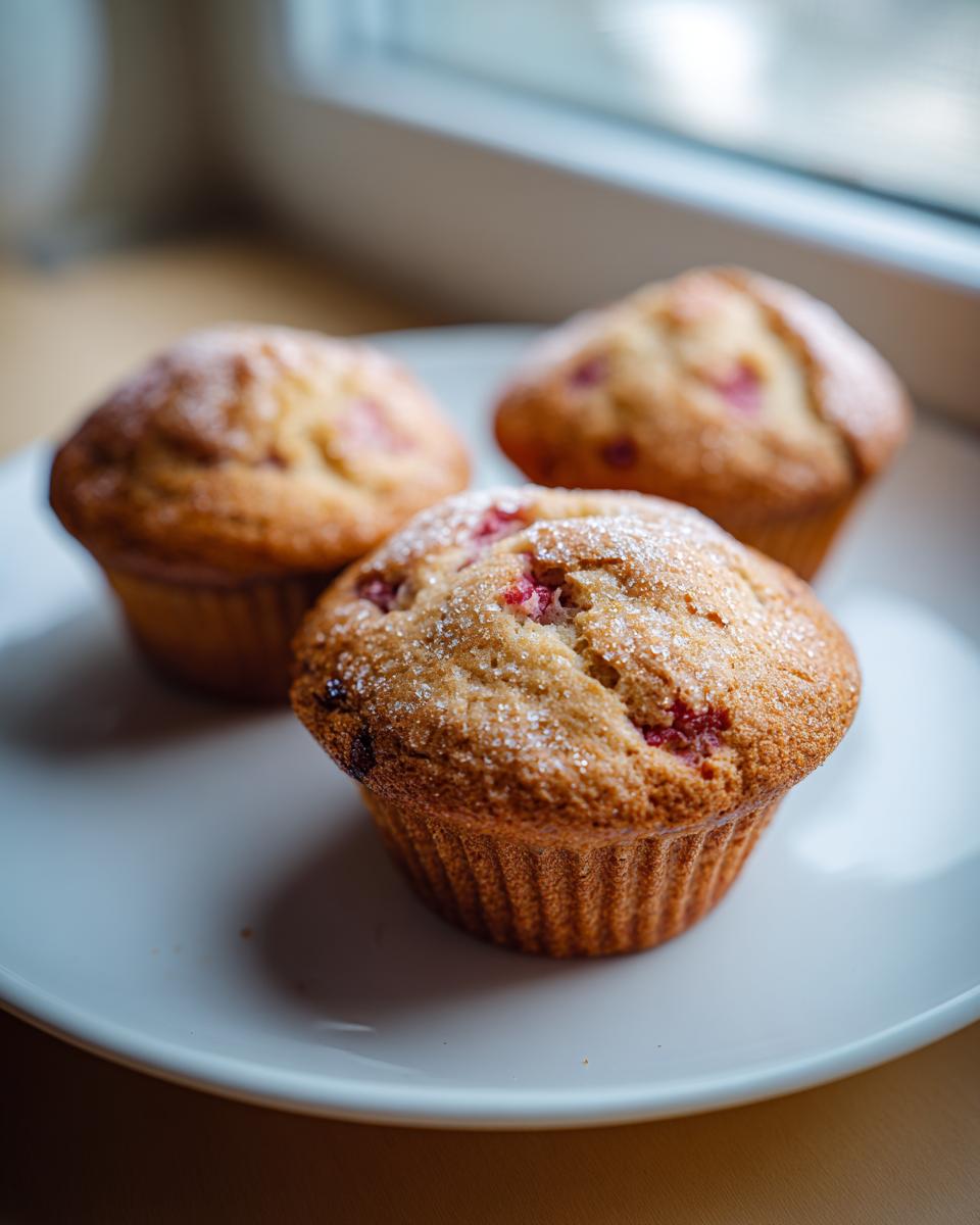 Drei frisch gebackene Rhabarber-Muffins mit knuspriger Zuckerkruste auf einem weißen Teller.