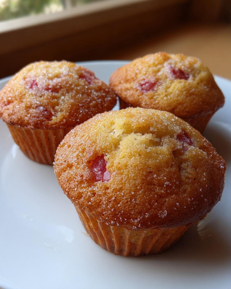 Drei frisch gebackene Rhabarber-Muffins mit einer knusprigen Zuckerkruste auf einem weißen Teller.