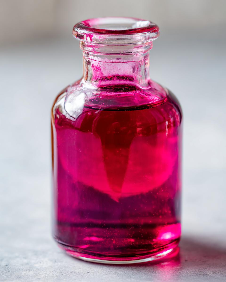 Nahaufnahme einer kleinen Glasflasche gefüllt mit leuchtend pinkem Rhabarber-Sirup auf hellem Untergrund.