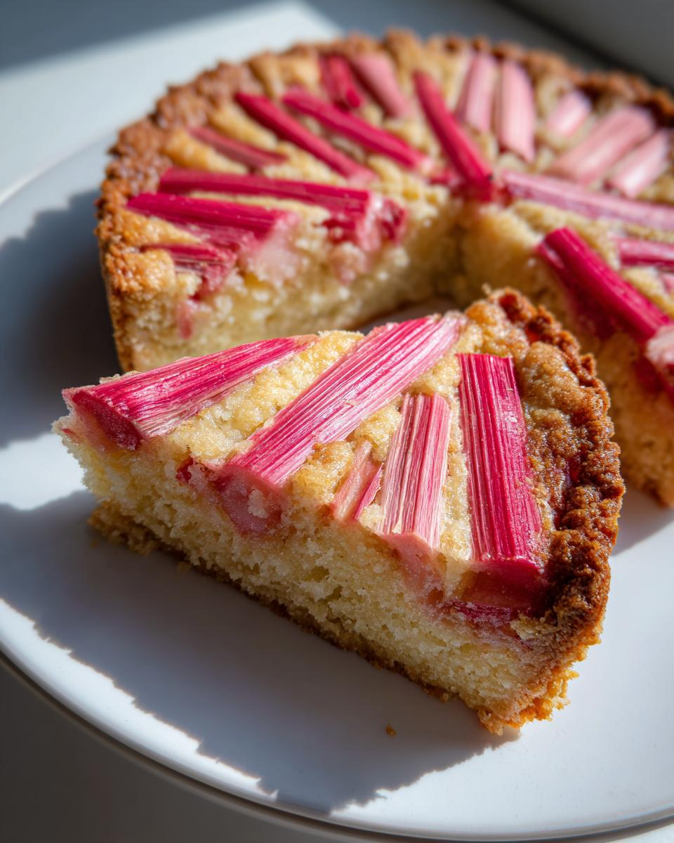Nahaufnahme eines angeschnittenen Stücks Rhabarber-Tarte mit leuchtend roten Rhabarberstangen auf hellem Teig.