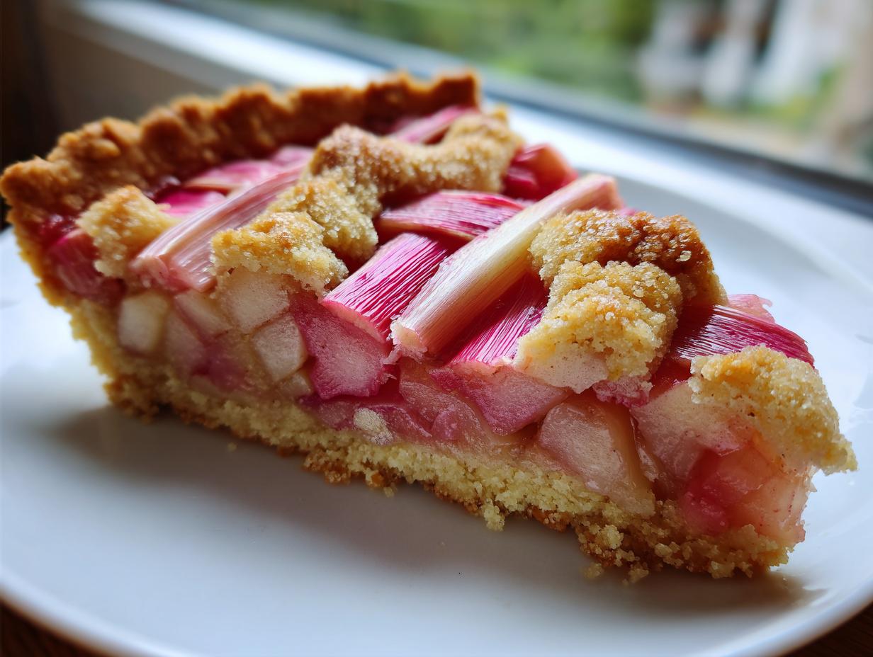 Nahaufnahme eines Kuchenschnitts einer Rhabarber-Tarte mit knusprigem Boden und rosa Rhabarberstücken.