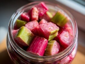 Nahaufnahme von gewürfeltem Rhabarber, teilweise rosa und grün, in einem Glas für Rhabarberkompott.