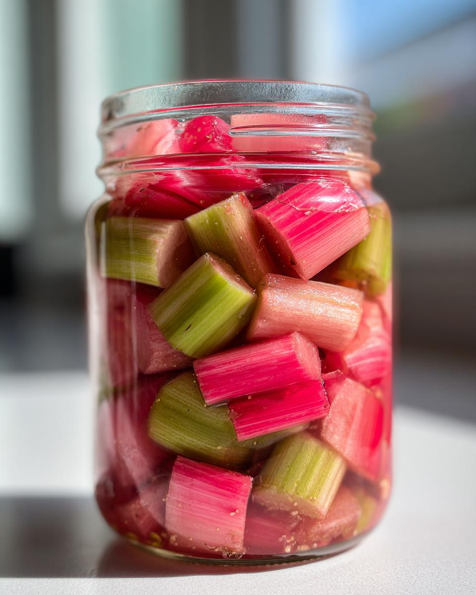 Nahaufnahme von Rhabarberstücken in einem Glas, bereit für die Haltbarmachung als Rhabarberkompott.