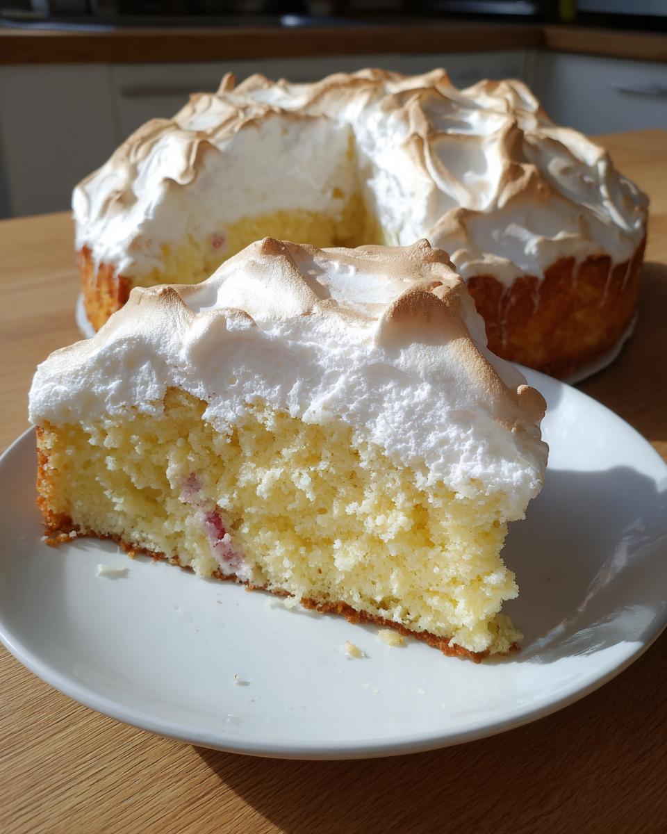 Ein Stück Rhabarberkuchen mit Baiser liegt auf einem weißen Teller, der Kuchen ist fluffig und hat eine goldbraun gebackene Meringuehaube.