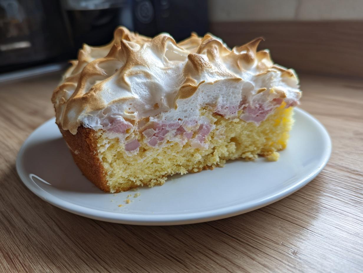 Ein Stück Kuchen mit gelbem Boden, Schinkenstücken und einer hohen, goldbraun gebackenen Baiserhaube – kein klassischer Rhabarberkuchen mit Baiser.