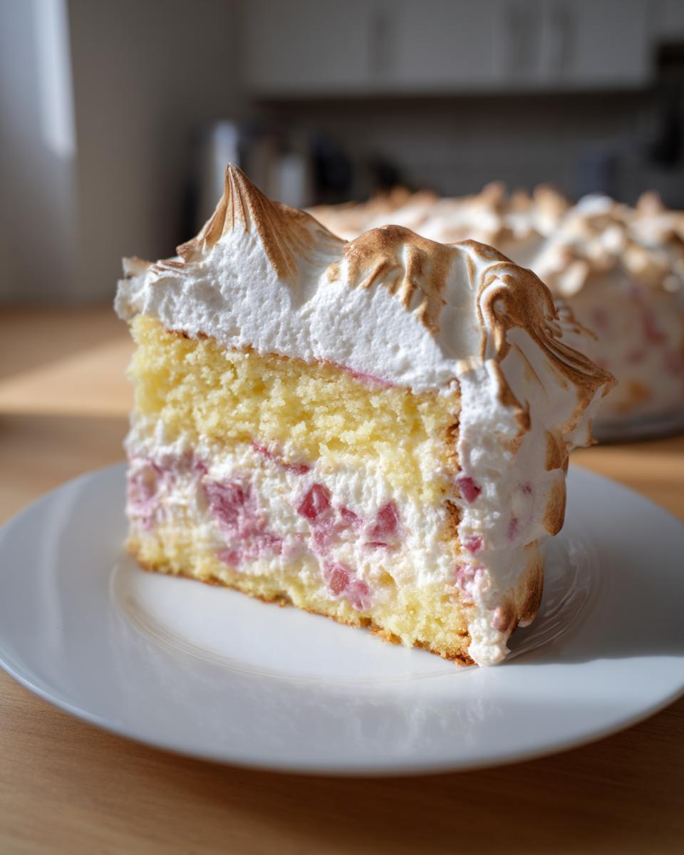 Ein großes Stück Rhabarberkuchen mit Baiser, gefüllt mit Rhabarberstücken und Sahne, auf einem weißen Teller.