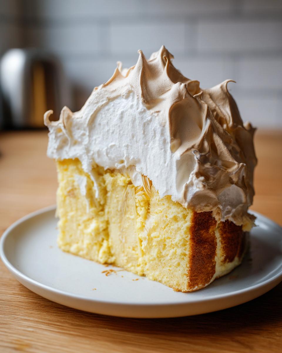 Ein dickes Stück Rhabarberkuchen mit Baiser, präsentiert auf einem weißen Teller.