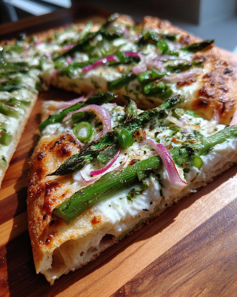 Ein Stück knuspriger Spargel-Flammkuchen mit grünem Spargel und roten Zwiebeln auf einem Holzbrett.