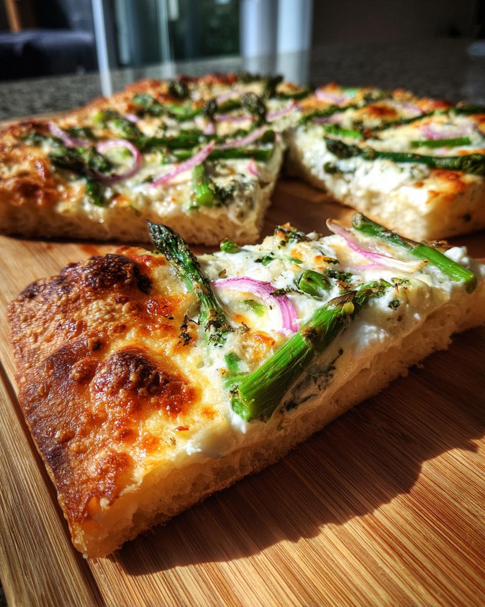 Nahaufnahme eines Stücks Spargel-Flammkuchen mit grünem Spargel, roten Zwiebeln und Käse auf einem Holzbrett.
