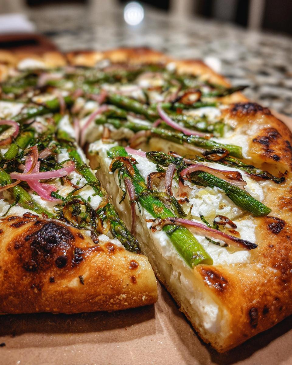 Nahaufnahme eines angeschnittenen Spargel-Flammkuchen mit grünem Spargel und roten Zwiebeln auf cremiger Basis.