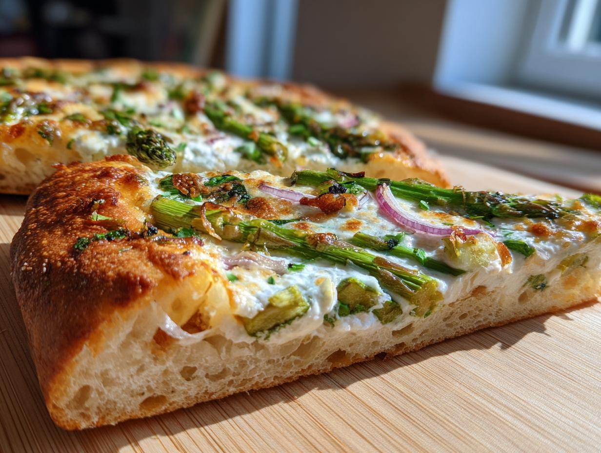 Ein Stück knuspriger Spargel-Flammkuchen mit grünem Spargel und roter Zwiebel auf hellem Teig.