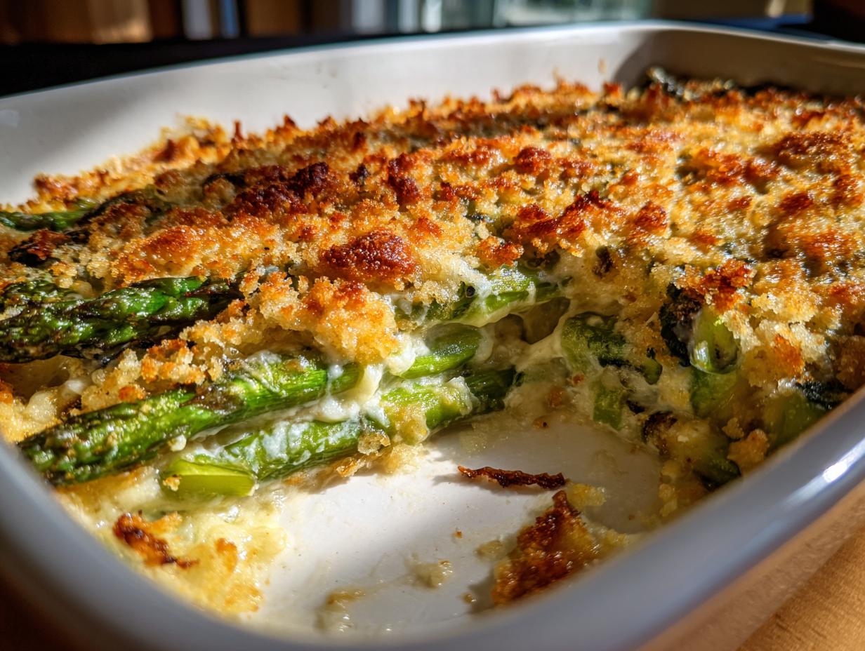 Nahaufnahme von grünem Spargel in cremiger Sauce mit goldbrauner Kruste, dem fertigen Spargel-Gratin.