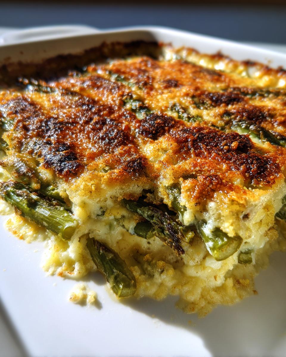 Nahaufnahme eines frisch gebackenen Spargel-Gratins mit einer knusprigen, goldbraunen Käsekruste.