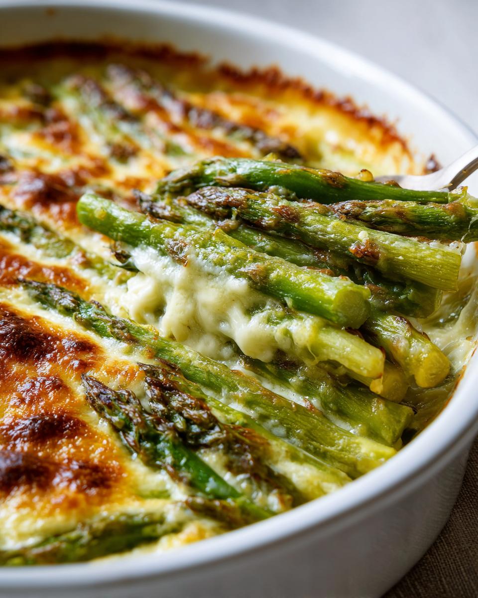 Nahaufnahme eines cremigen Spargel-Gratins mit grünem Spargel und goldbraun überbackenem Käse.