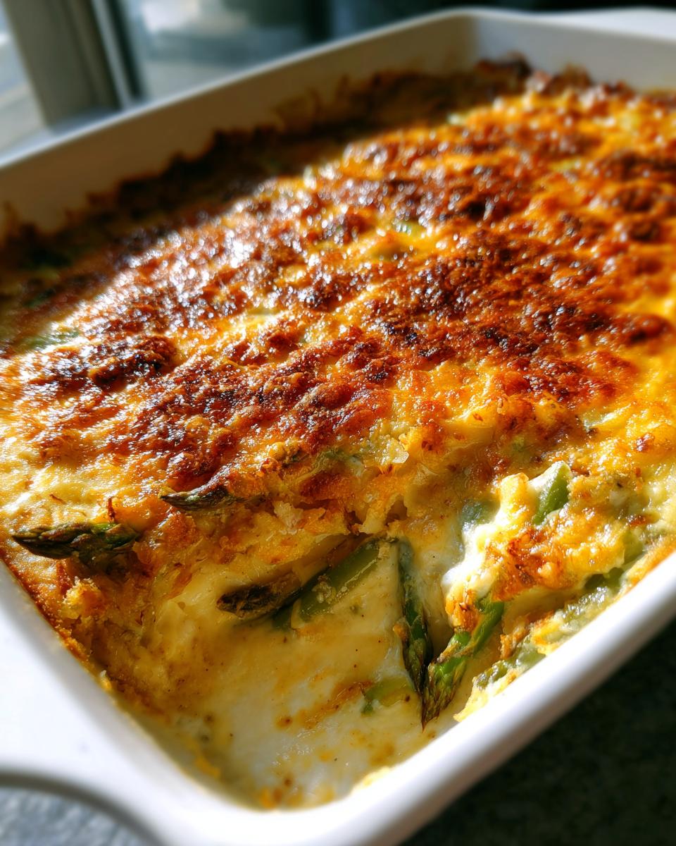 Nahaufnahme eines cremigen Spargel-Gratin mit goldbraun überbackener Käsekruste.