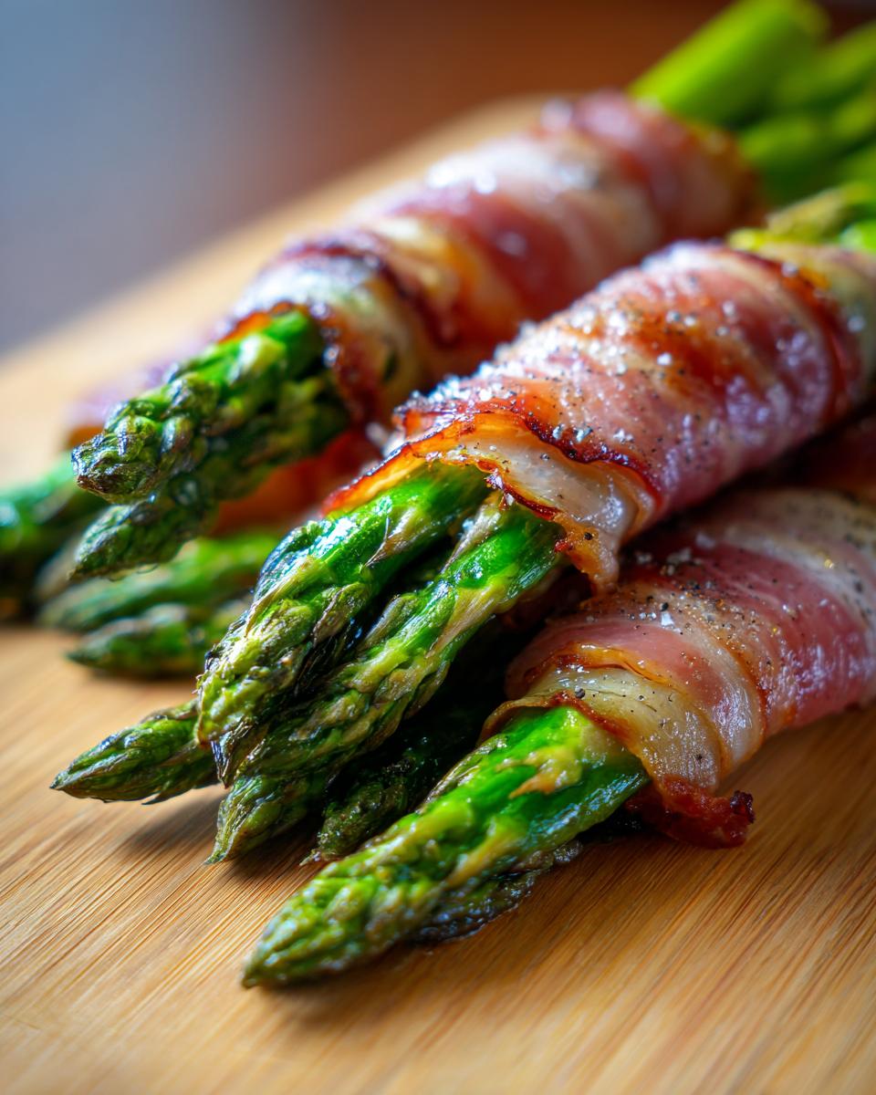 Nahaufnahme von saftigem Spargel im Schinkenmantel, bestreut mit frisch gemahlenem Pfeffer.