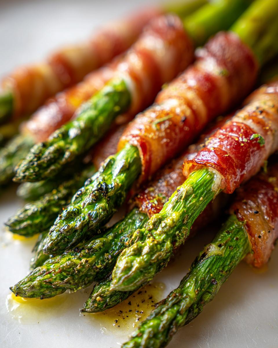 Nahaufnahme von gegrilltem Spargel im Schinkenmantel, glänzend und mit Pfeffer bestreut.