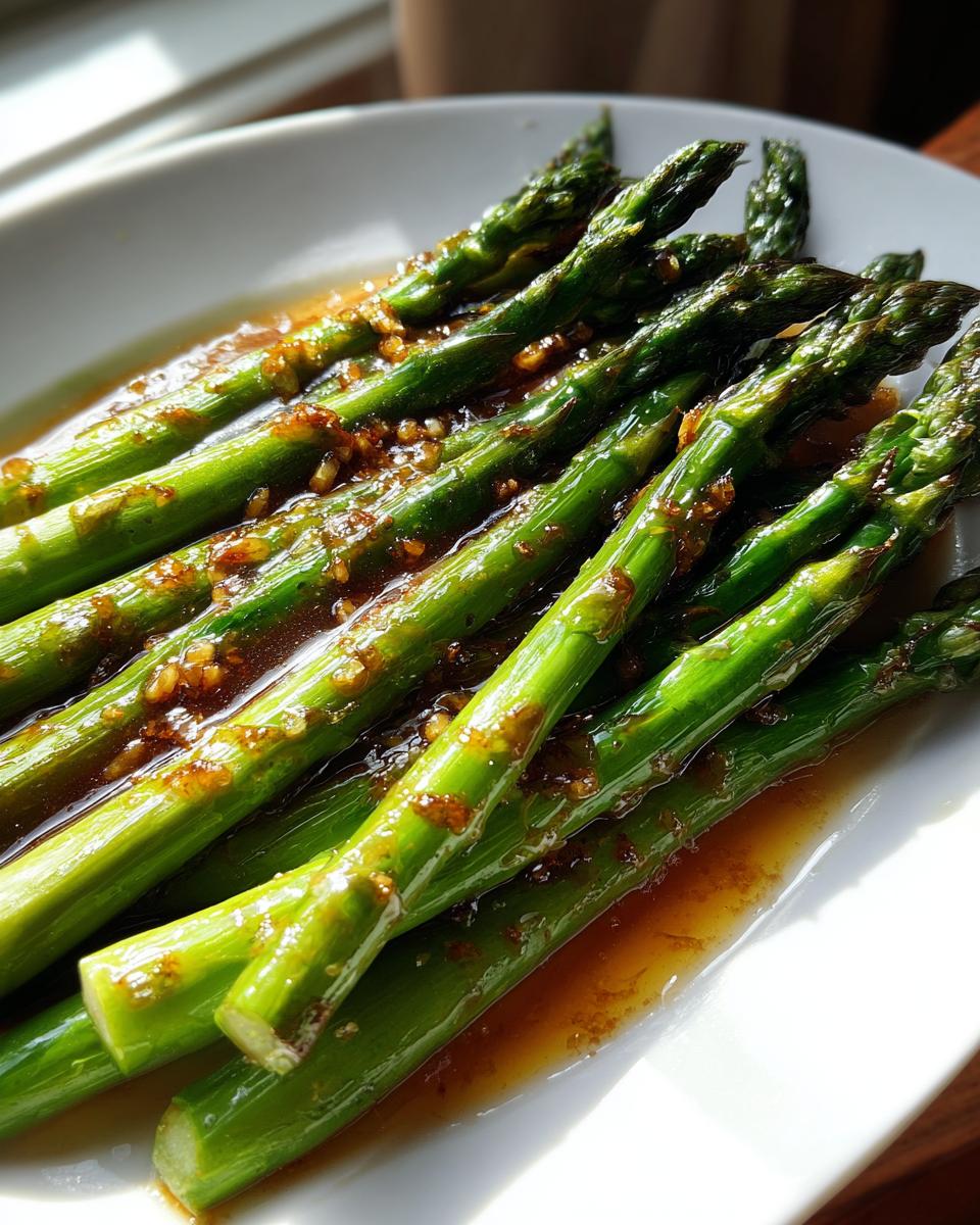 Grüner Spargel übergossen mit brauner Nussbutter und kleinen Stückchen auf einem weißen Teller.