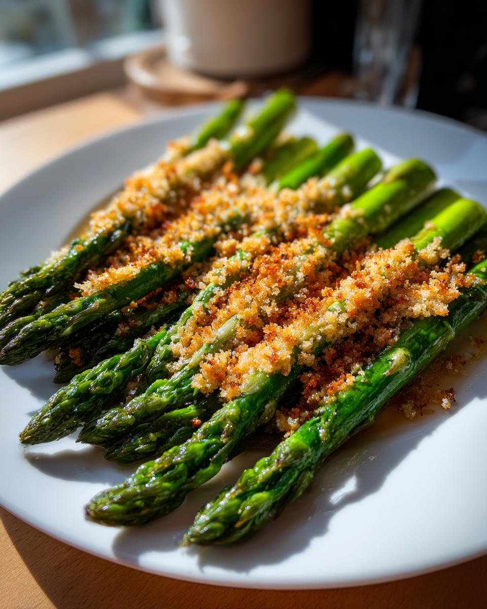Nahaufnahme von grünem Spargel mit goldbrauner Parmesankruste auf einem weißen Teller.
