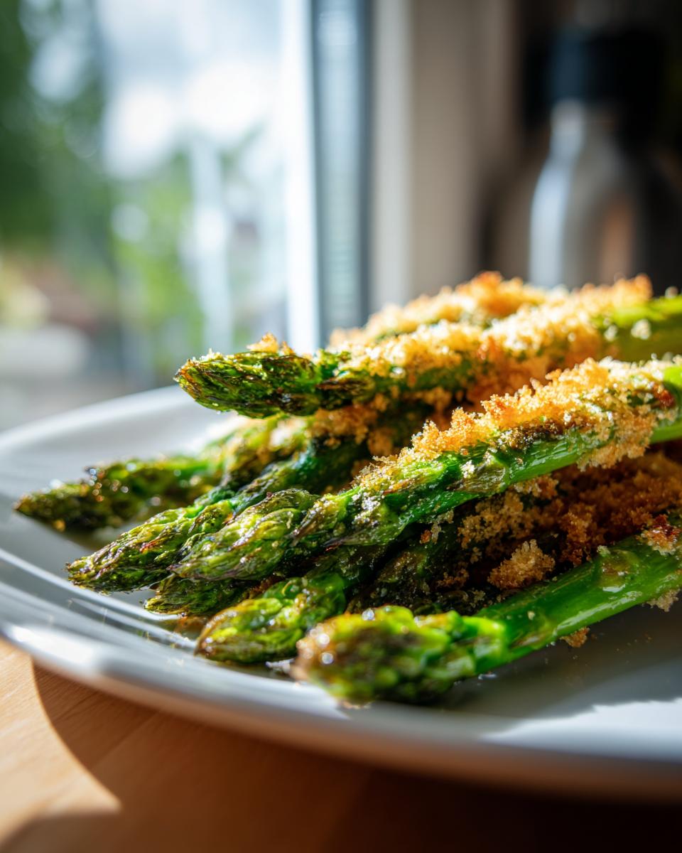 Nahaufnahme von grünem Spargel mit knuspriger Parmesankruste auf einem weißen Teller.