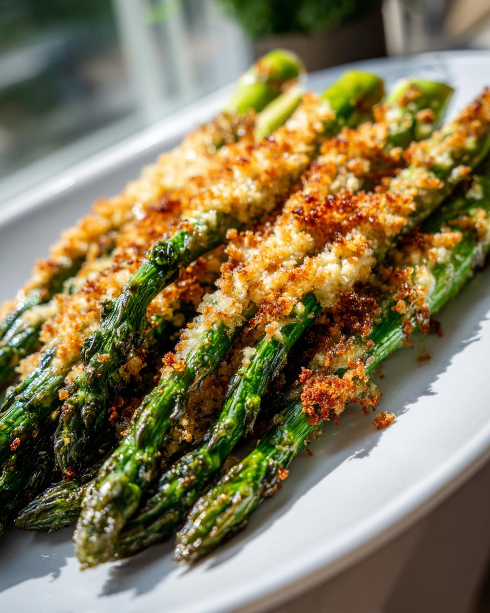 Nahaufnahme von grünem Spargel mit knuspriger, goldbrauner Parmesankruste auf einem weißen Teller.