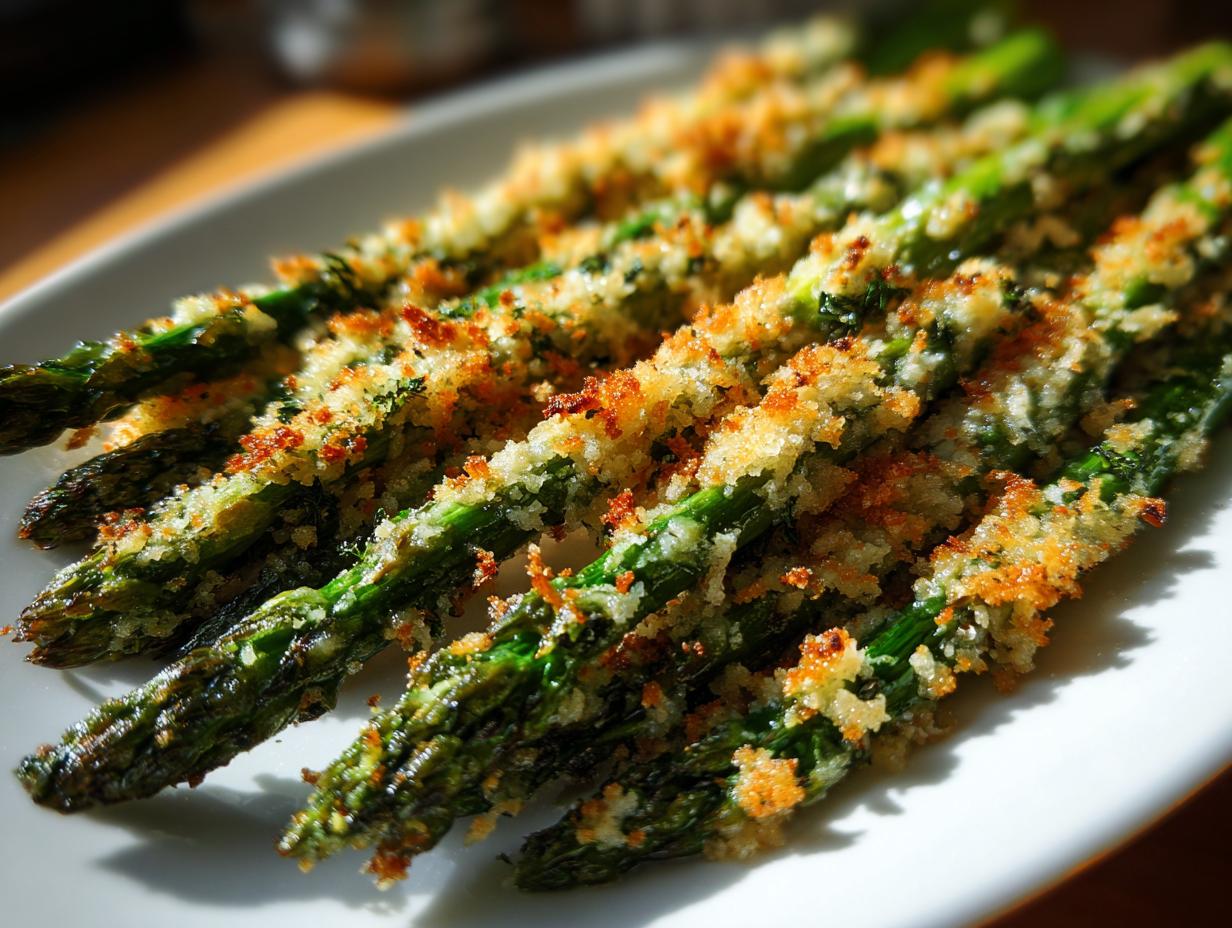 Nahaufnahme von grünem Spargel mit knuspriger, goldbrauner Parmesankruste auf einem weißen Teller.