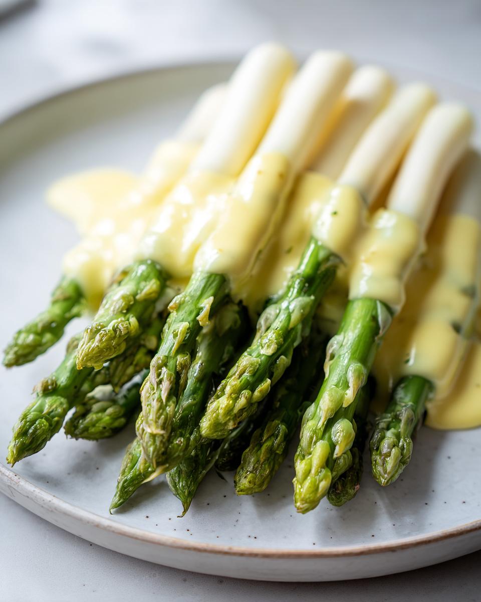 Nahaufnahme von grünem und weißem Spargel, übergossen mit cremiger Sauce Hollandaise auf einem Teller.