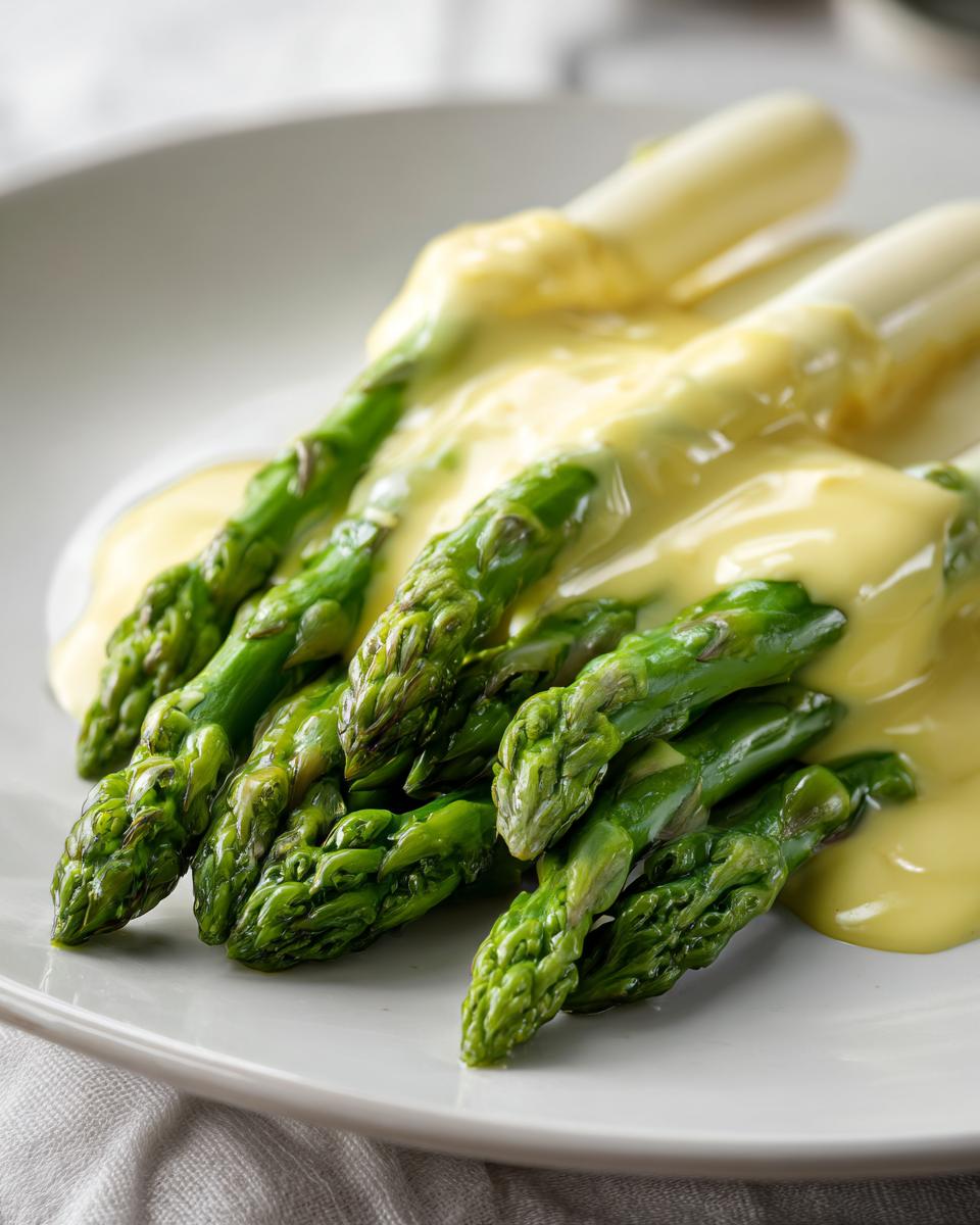 Nahaufnahme von grünem und weißem Spargel, übergossen mit cremiger Sauce Hollandaise.