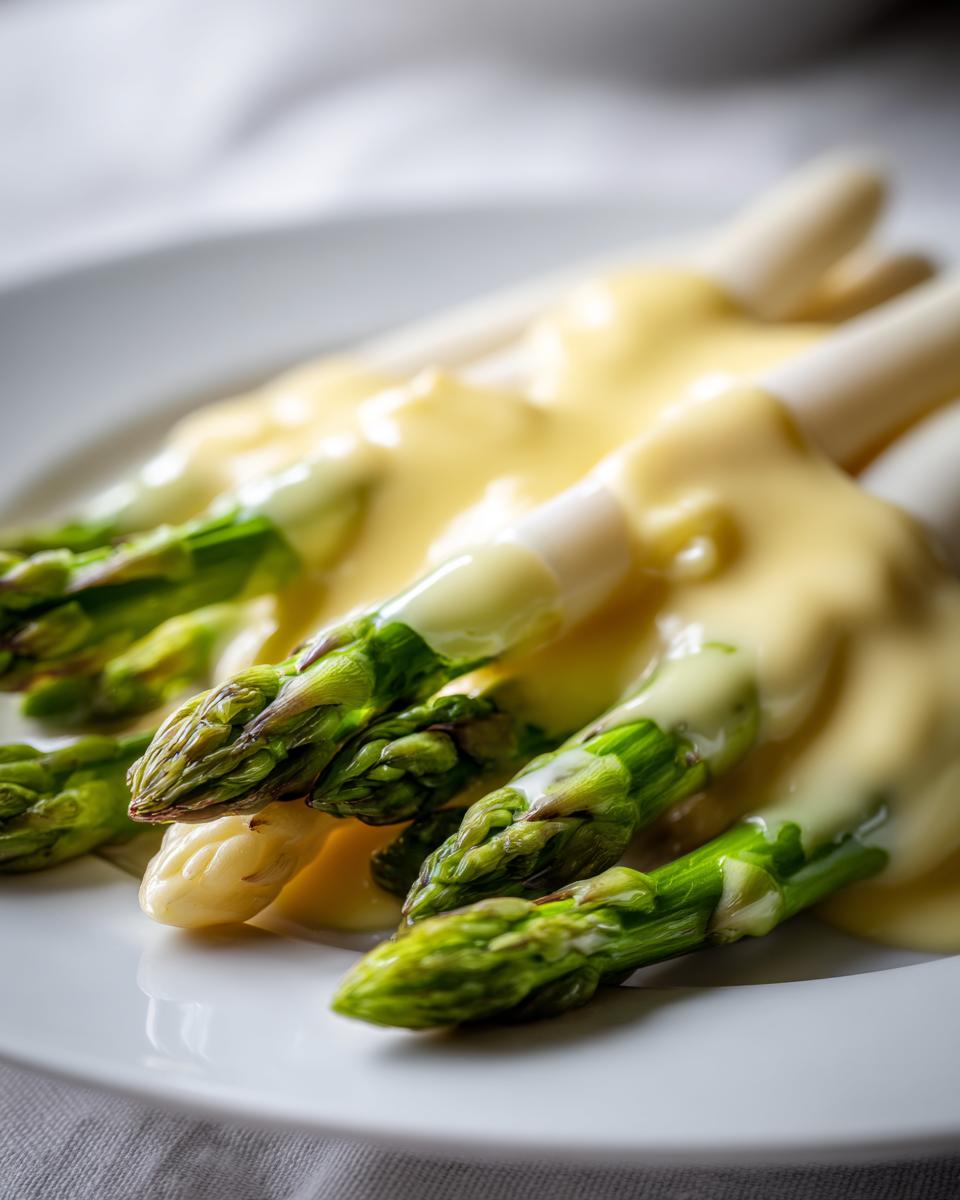 Nahaufnahme von grünem und weißem Spargel, übergossen mit cremiger Sauce Hollandaise auf einem weißen Teller.