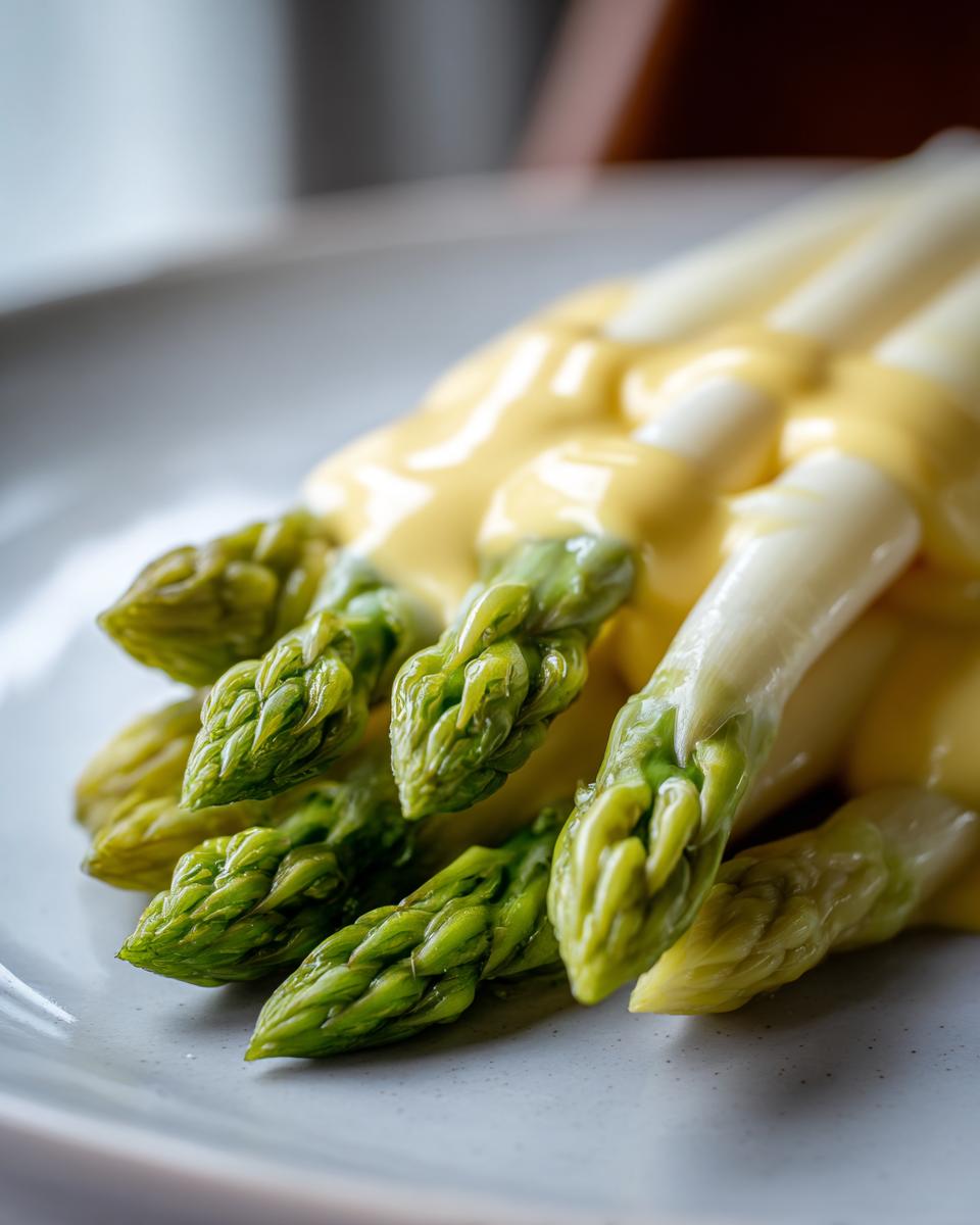 Nahaufnahme von grünem und weißem Spargel, bedeckt mit cremiger Sauce Hollandaise, das Gericht Spargel mit Sauce Hollandaise.