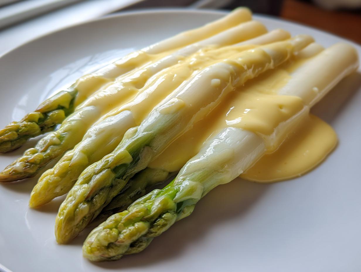 Nahaufnahme von gekochtem weißem Spargel, beträufelt mit cremiger Sauce Hollandaise, serviert auf einem weißen Teller.