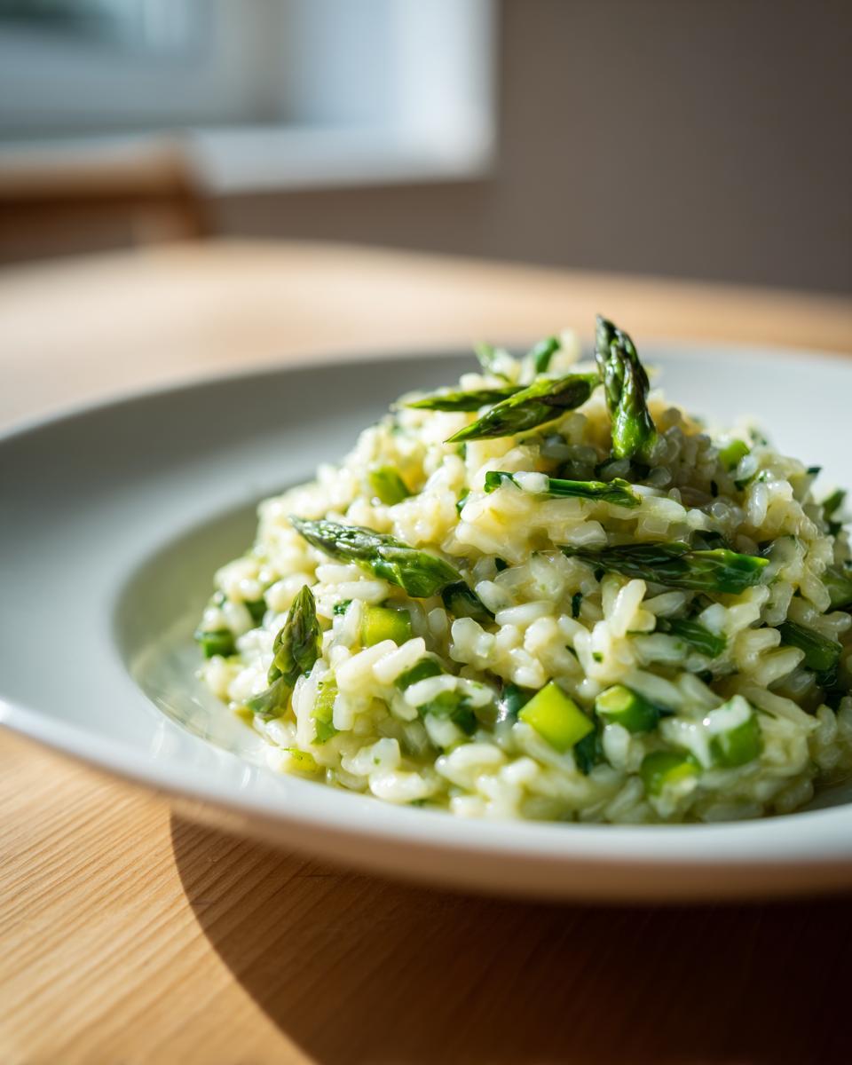 Nahaufnahme eines cremigen Spargel-Risotto, garniert mit grünen Spargelspitzen, auf einem weißen Teller.