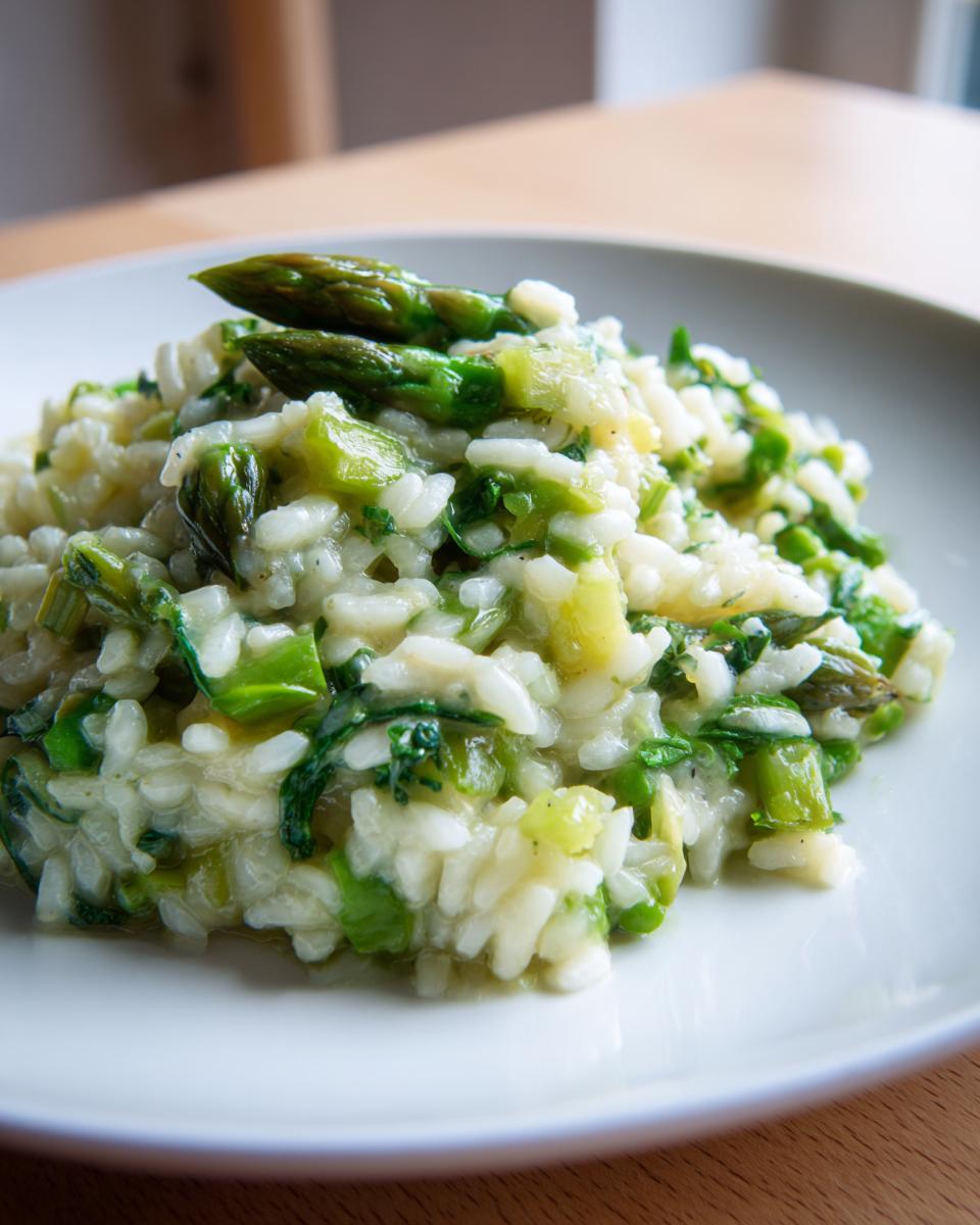 Nahaufnahme von cremigem Spargel-Risotto mit grünen Spargelstücken auf einem weißen Teller.