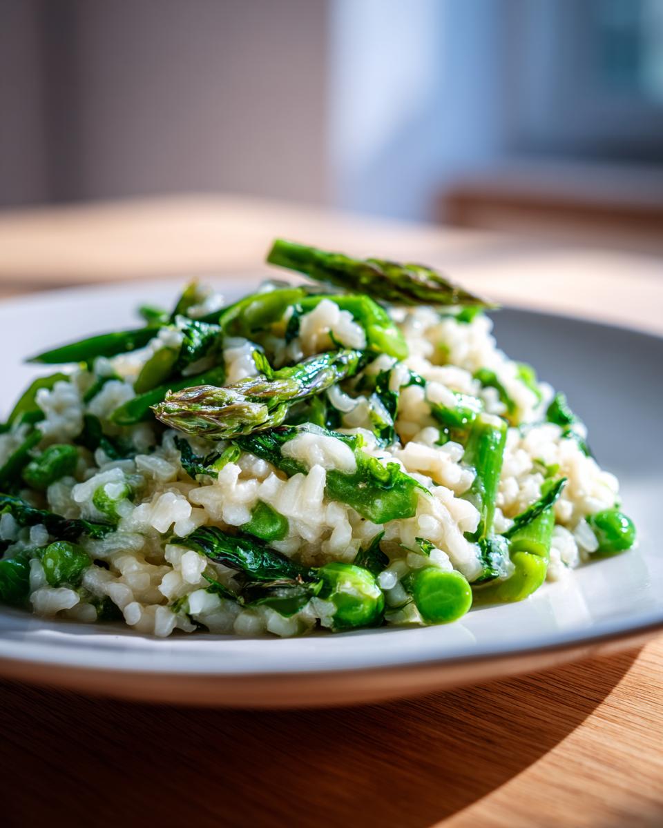 Nahaufnahme eines cremigen Spargel-Risotto mit grünen Spargelstücken und Erbsen auf einem hellen Teller.