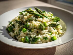 Nahaufnahme eines cremigen Spargel-Risotto mit grünen Spargelstücken in einer weißen Schale.