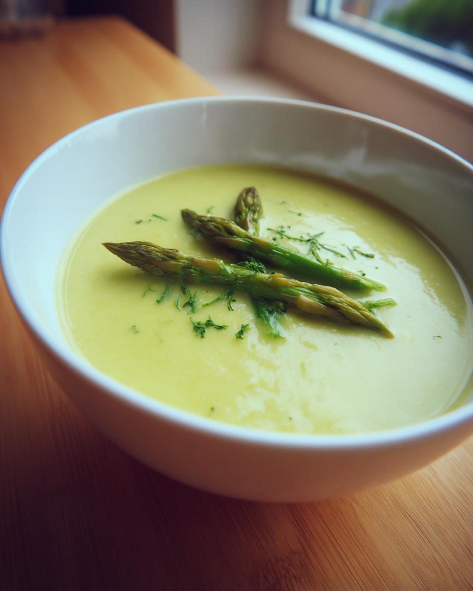 Eine Schüssel cremiger Spargelcremesuppe, garniert mit grünen Spargelspitzen und Kräutern.