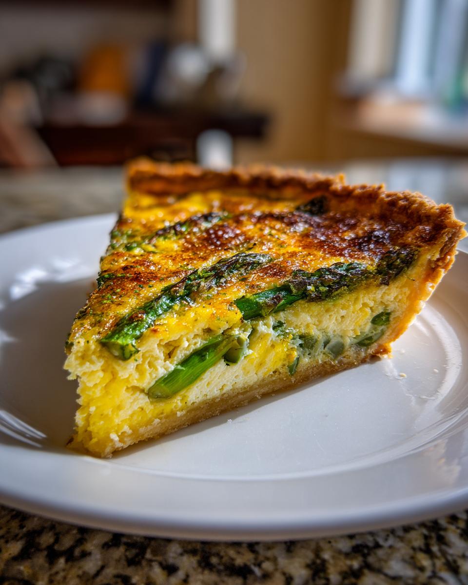 Nahaufnahme eines cremigen Stücks Spargelquiche mit grünem Spargel auf einem weißen Teller.