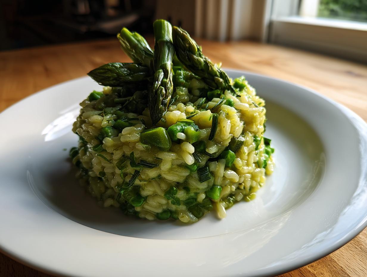 Ein kunstvoll angerichtetes Spargelrisotto mit grünen Spargelspitzen als Garnitur auf einem weißen Teller.