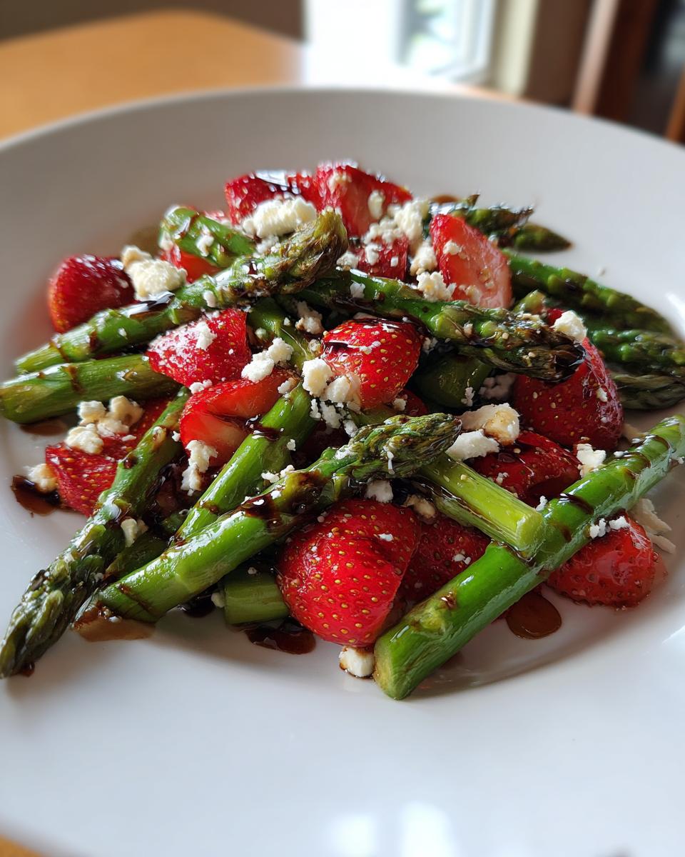 Nahaufnahme eines Spargelsalat mit Erdbeeren, zerbröseltem Feta und Balsamico-Dressing auf einem weißen Teller.