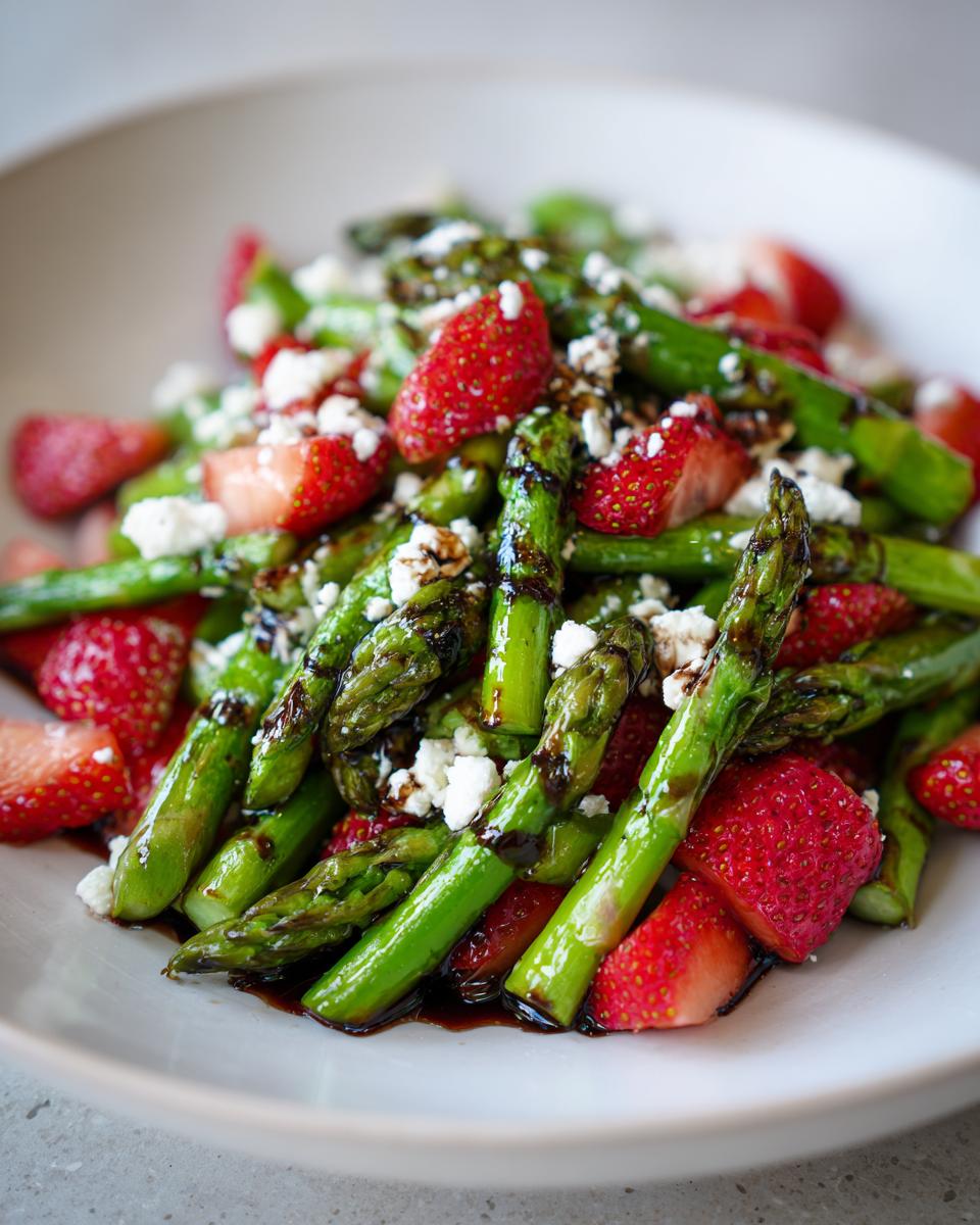 Nahaufnahme eines Spargelsalat mit Erdbeeren, zerbröseltem Feta und Balsamico-Dressing.